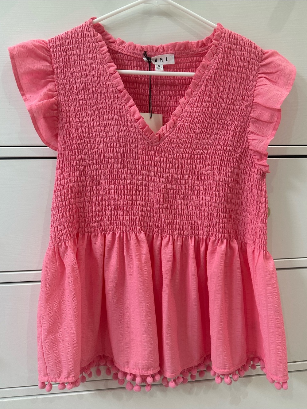 THML Pink Smocked V-Neck Flutter Sleeve Blouse with Pom Trim